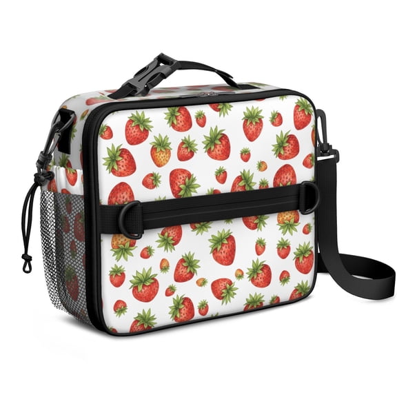 Strawberry and Berry White Pattern Insulated Lunch Bag with Shoulder Strap and Bottle Holder,Bento School Lunch Bag Box,11x9.5x3.5 Inches
