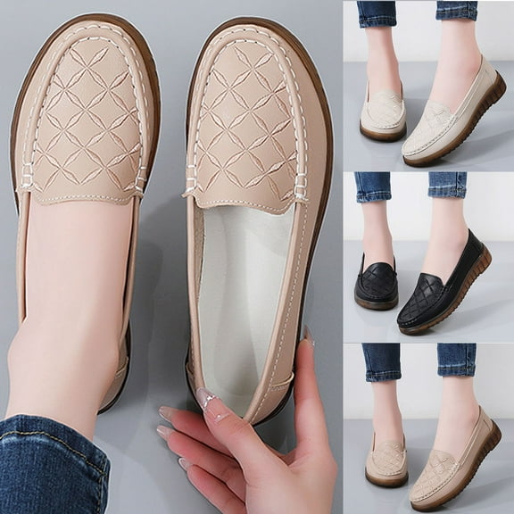 Miluxas Women's Leather Classic Moccasins Comfortable Round Toe Slip-On Driving Boat Soft Lightweight Casual Ladies Flats Loafers Khaki 9(42)