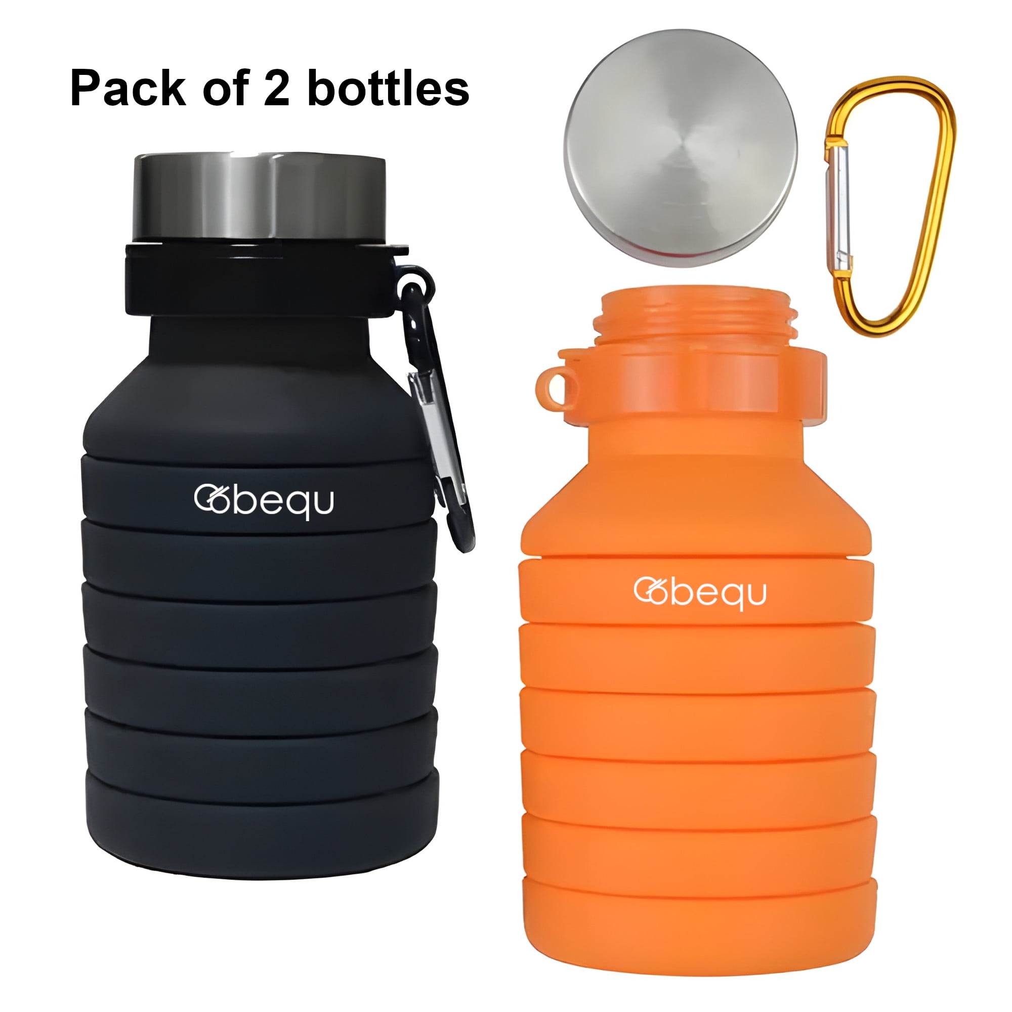 BEQU 550ml/18 Fl Oz Collapsible Silicone Water Bottle, Reusable, BPA Free, Dishwasher-Safe, Portable, Leak Proof, Use for Home Office Sports Travel Gym Camping Hiking (2PK Black-Orange)