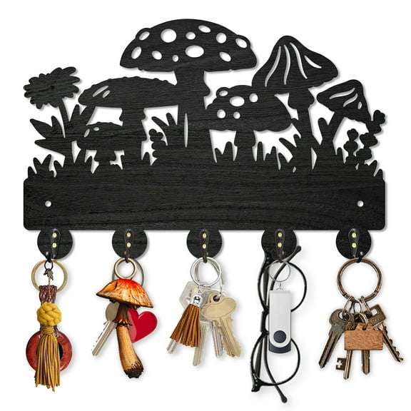 1 Set Mushroom Wall Mounted Coat Rack Wildflower Meadow Wood Key Hooks for Wall 11.8×7.9inch Black Key Holder Hanger Wall Art Decor with 5 Alloy Hooks for Gift Hallway Entryway Kitchen