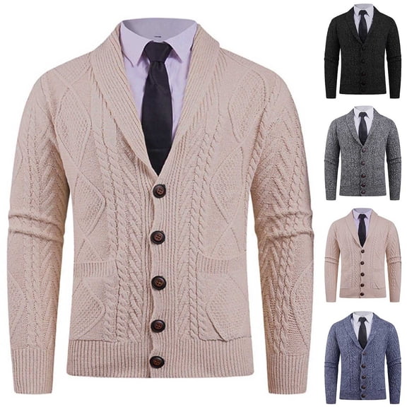 Lovzfmll Men's Cardigan, Shawl Collar Cable Knit Button Pocket, Casual Long Sleeve Sweater for Men, 2XL