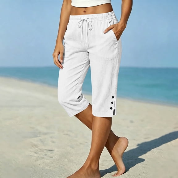 Zormilly Capri Pants for Women, Linen Cropped Pants with Drawstring, Stretch Fabric, Suitable Button and Side Slits Pants, S-2XL
