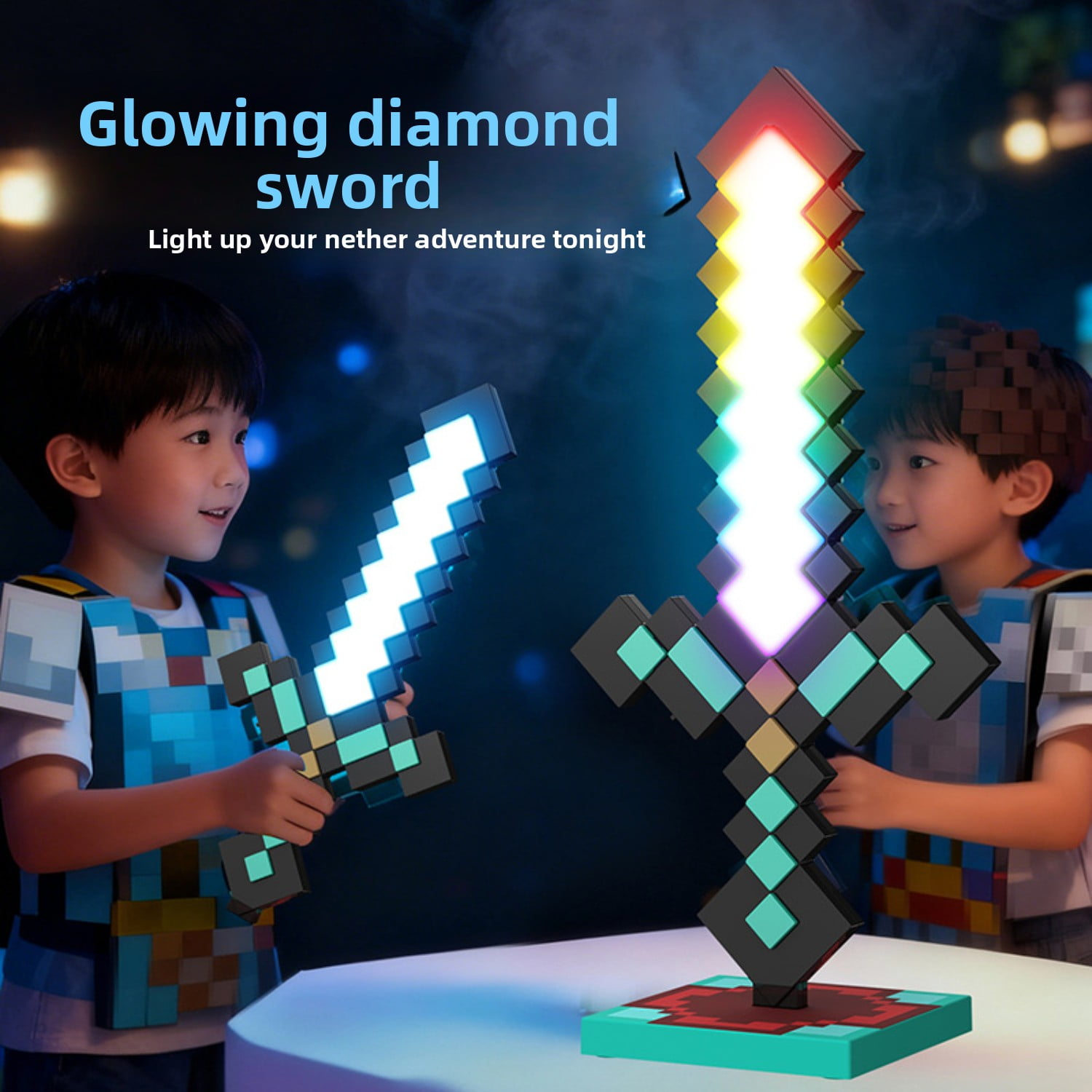 D.FAMILY Pixel Fantasy Diamond Sword Light - Multicolor RGB LED Night Lamp & Gaming Desk Decor