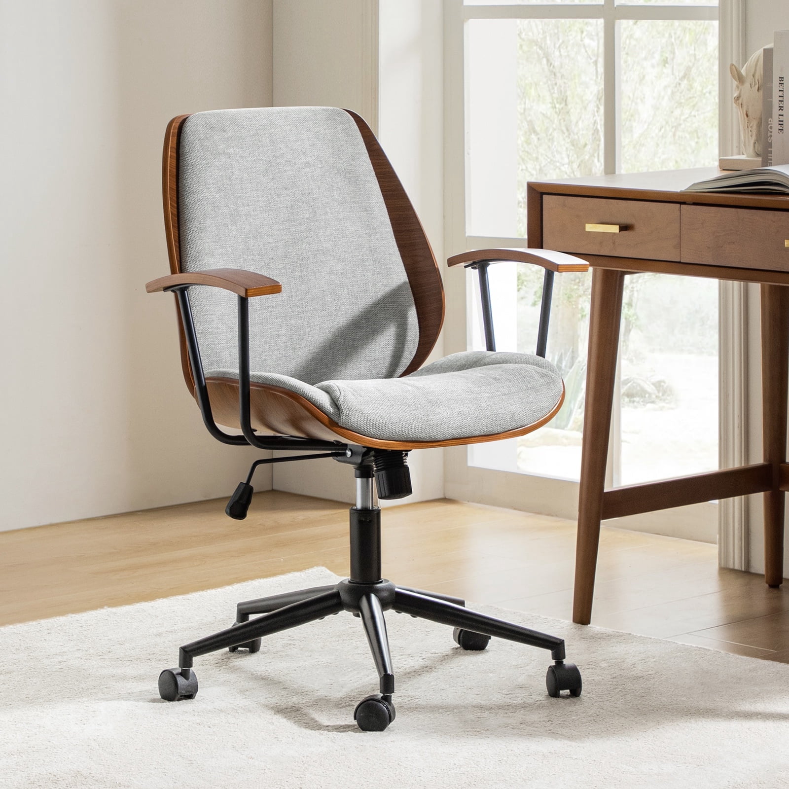 Ergonomic Adjustable Swivel Office Chair with Solid Wood Backrest and Premium Comfort Gray Cushion for Home Workplace