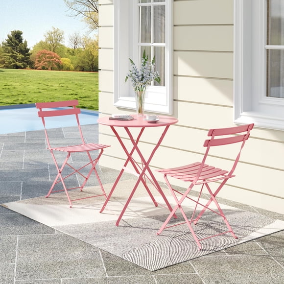 Yiwa Folding 3 Piece Bistro Set, Compact Metal Frame Outdoor Table and 2 Chairs, Space-Saving Furniture for Indoor Use, Small Balconies, Patios, Lawns, Decks and Bistro Corners