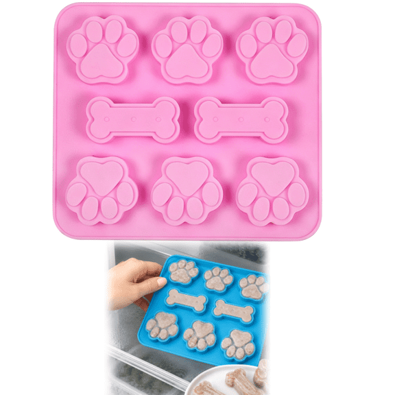 Dog Treat Molds Silicone, Puppy Paw and Bone Shaped 2 in 1 Non-Stick Baking Molds for Homemade Dog Treats Pudding Candy