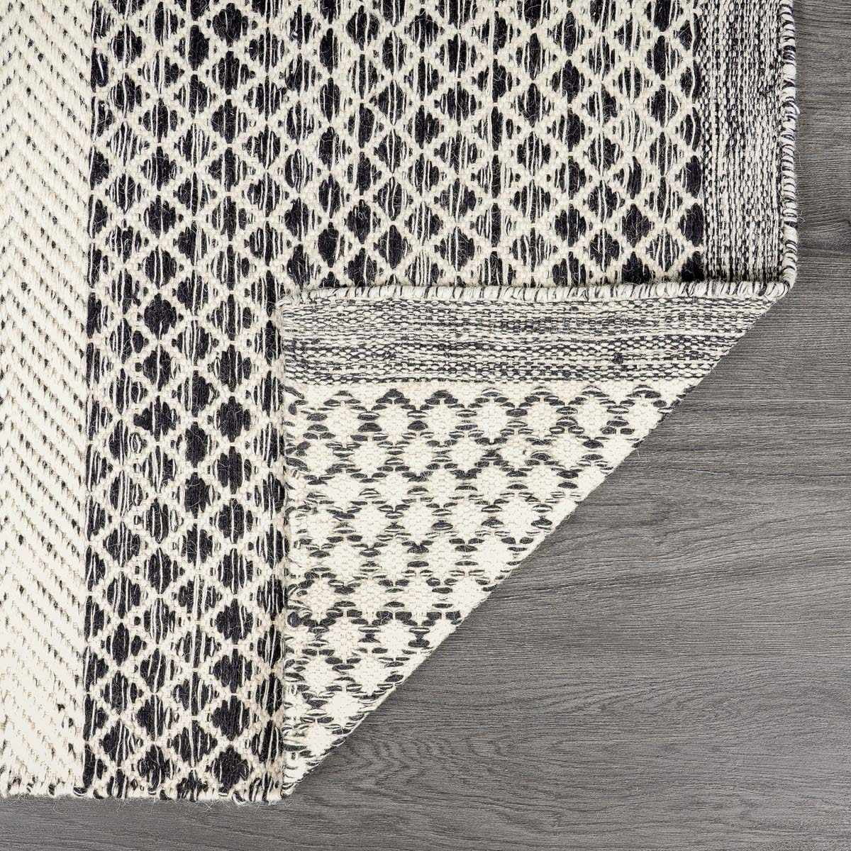 Hauteloom Tideswell Boho Hand Woven Wool Striped Geometric Textured Area Rug - Farmhouse Moroccan Trellis Carpet for Living Room, Bedroom - Black, Beige, Gray - 6' x 9'