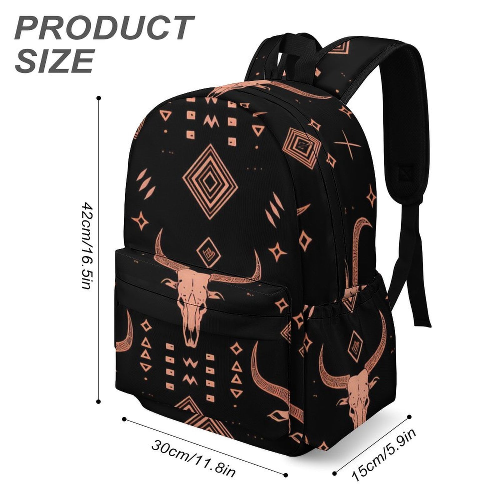 Large Capacity Half Print Backpack 11.8×16.5×5.9in Multifunctional Zipper Design Convenient Switch Bohemian Cow Skull