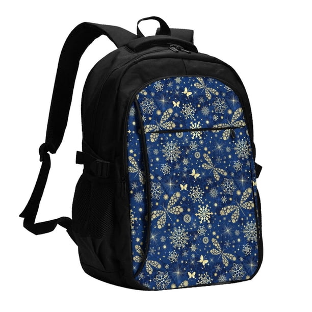 Easygdp Dark Blue Christmas Mochila para Laptop de Viaje con Puerto USB, Mochila para Laptop con Puerto de Carga USB para Mujeres y Hombres