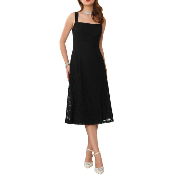 INSPIRE CHIC Women's Lace Prom Dress Straps Square Neck Sleeveless Formal Evening Cocktail Midi Dresses S Black