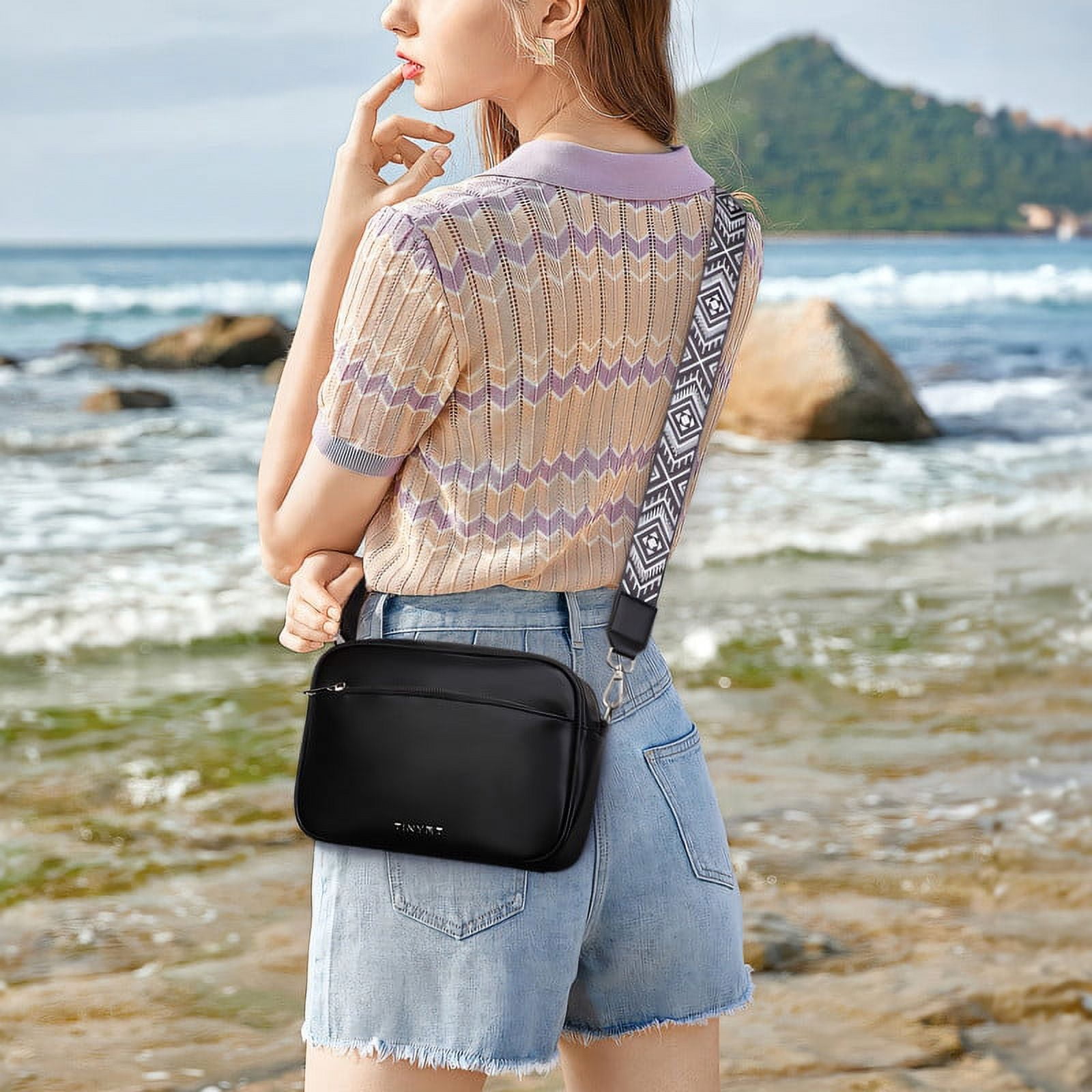 TINYAT Crossbody Bag for Women PU Multiple Pockets Shoulder Purse With Guitar Strap Small Handbags