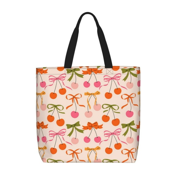 Defioc Cherries And Bows Pattern Tote Bag for Women,Large Capacity Tote Bag with Zipper Casual Shoulder Handbags Shopping Bag
