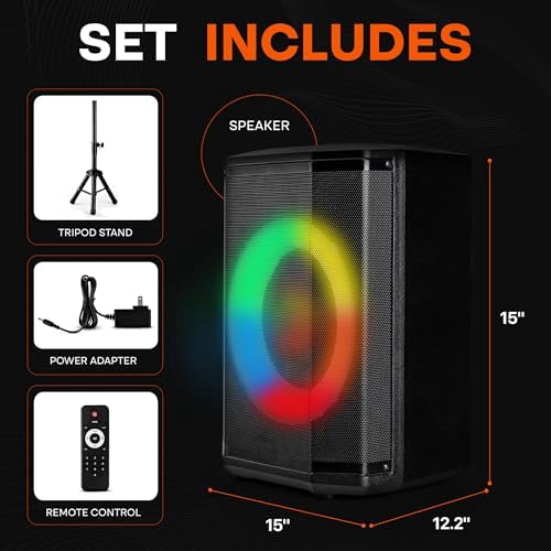 Pyle Portable Bluetooth Speaker with 8" Inch Woofer, TWS Function, Mic Input, USB/Micro SD/FM Radio, Colorful Ring Lights, 120W Rechargeable Battery, Tripod Stand, Hi-Fi Sound, Indoor/Outdoor Use