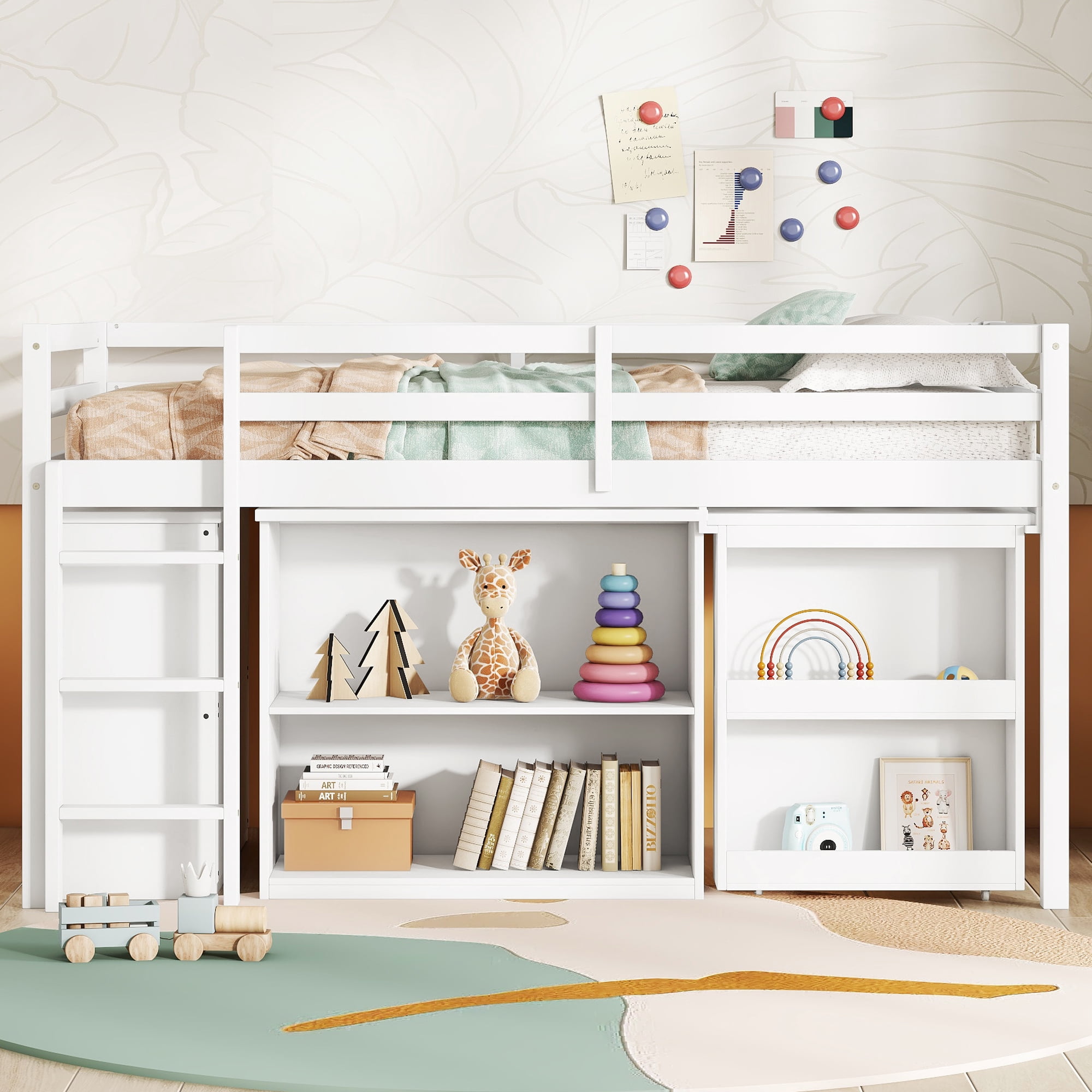 Sailvan Twin Loft Bed with Drawer Cabinet, Shelf Cabinet and Pulling Out Desk, Guardrail ,Ladder