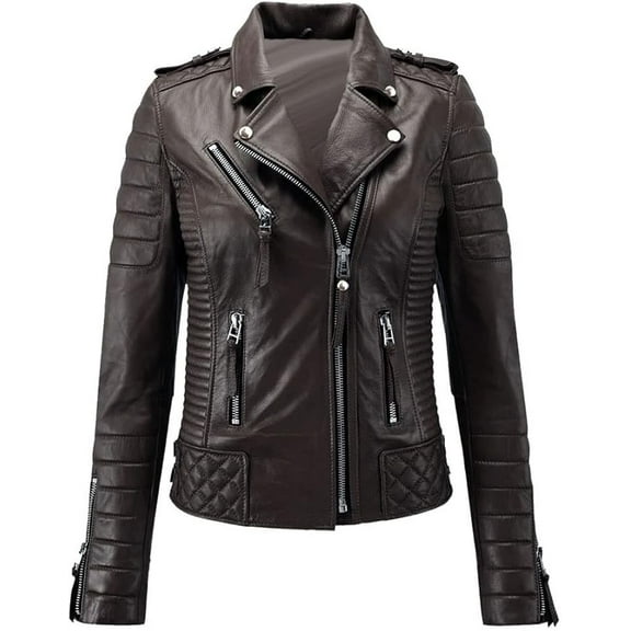 HOT! Women's Genuine Brown Lambskin Quilted Leather Jacket Slim Fit Biker jacket Coat W186