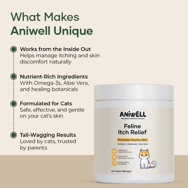 Aniwell Feline Itch Relief Chews | Aloe Vera & Omega-3 | Cat Itchy Skin & Allergy Support | Seasonal Itch Relief for Cats | All Ages & Breeds