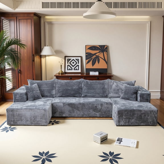 132" Modern Corduroy Boneless Sectional Couch,Oversized U-Shaped Modular Sectional Sofa with Double Chaise, Large Sectional Couches for living Room, No Assembly Required,Light Gray