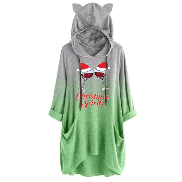 Pompotops Mode Femmes Impression de Noël à Capuche en Vrac à Manches Longues Gradient Tops Sweat Décontracté