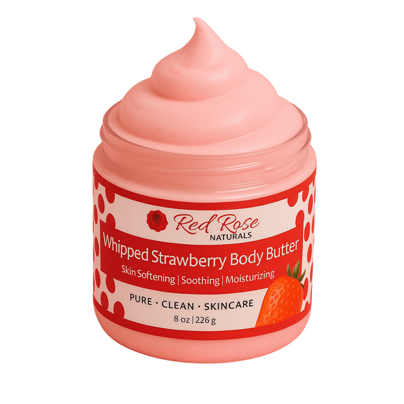 Red Rose Naturals Whipped Strawberry Body Butter for Dry Skin, Scented Non-Greasy, Soft & Creamy, Moisturizing Shea Butter- Natural Skincare for All Skin – Vegan 8 Oz,