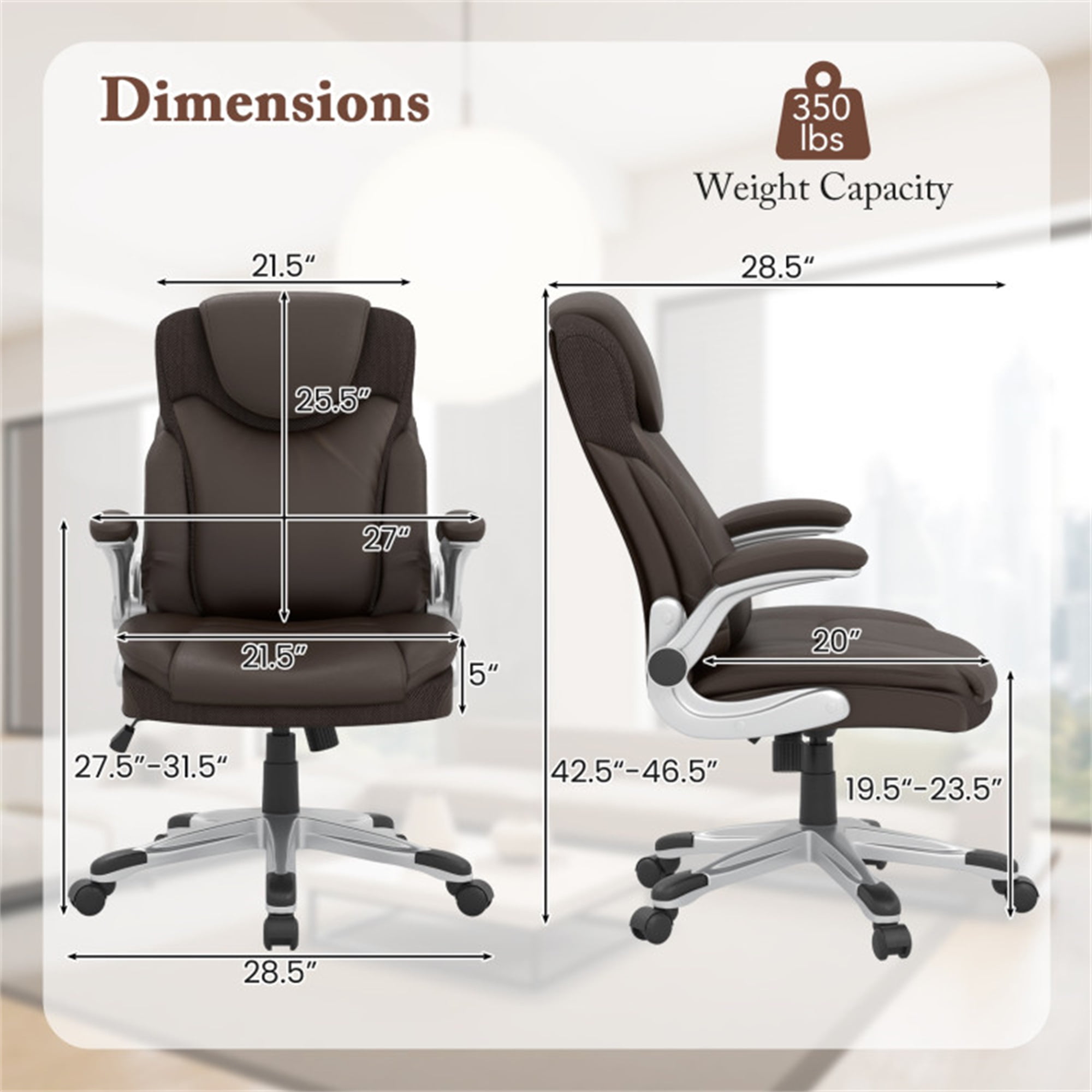 Demi Bonn Ergonomic Office PU Leather Executive Chair with Flip-up Armrests and Rocking Function, for Home, Bedroom, Study, Brown