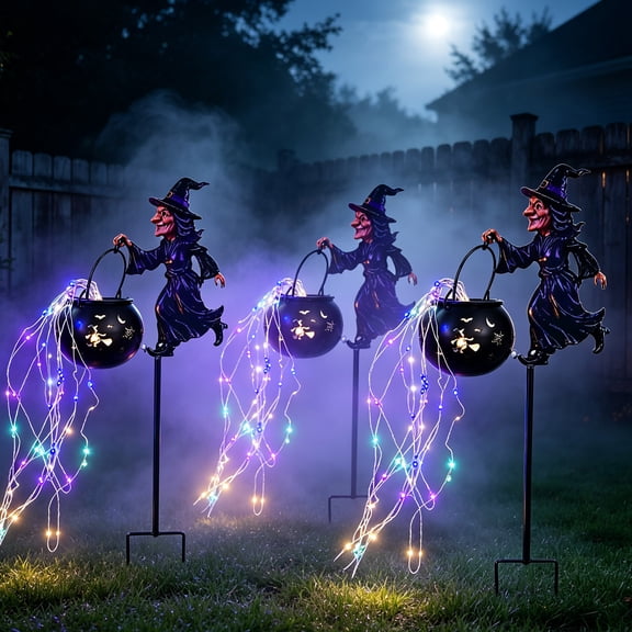 3D Glowing Witch Cauldron Solar Garden Stake, Halloween Bubbling Pot LED Yard Light, Waterproof Outdoor Lawn Ornament for Patio Decor