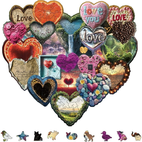 200Pcs Valentine's Day Love Heart Wooden Jigsaw Puzzles for Adults 12x11.22inch Love Wood Adult Puzzles Unique Shaped Wooden Puzzles Colorful Jigsaw Puzzles for Gifts