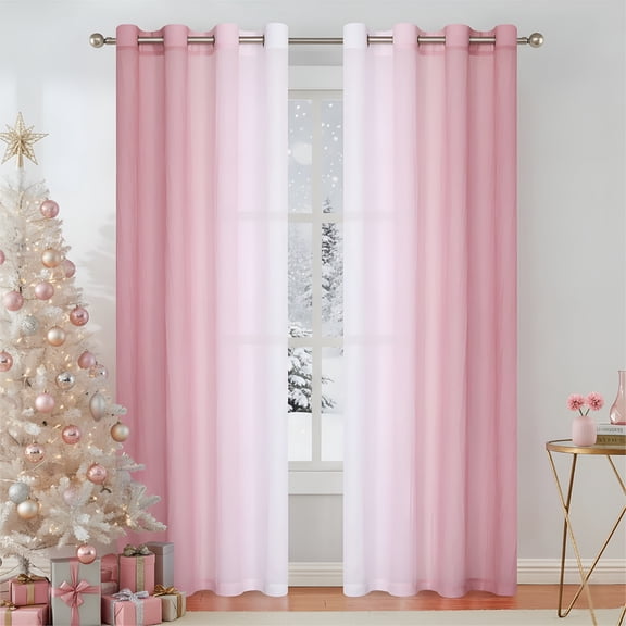 AUQ Ombre Crushed Chiffon Pink Sheer Curtains 52"Wx84"L for Bedroom Living Room Decor,Set of 2 Crinkle Curtain Panels,Grommet Bedroom Curtains