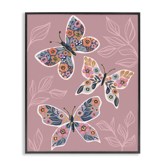 Stupell Industries Bohemian Chic Floral Butterfly Wing Patterns Pink Plant Leaves Black Framed Giclee Art, 11 x 14, by Caroline Alfreds