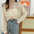 thumbnail image 2 of JGGSPWM Women's Crochet Tops V Neck 3/4 Sleeve Summer Beach Crop Hollow Out Twist Front Top Beige Free Size, 2 of 3
