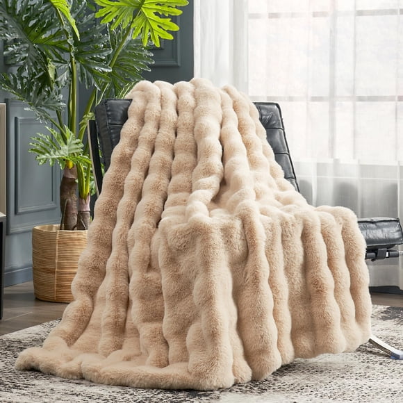 Manta Cozy Bliss de piel sintética con forma de burbuja, 130 x 150 cm, color beige