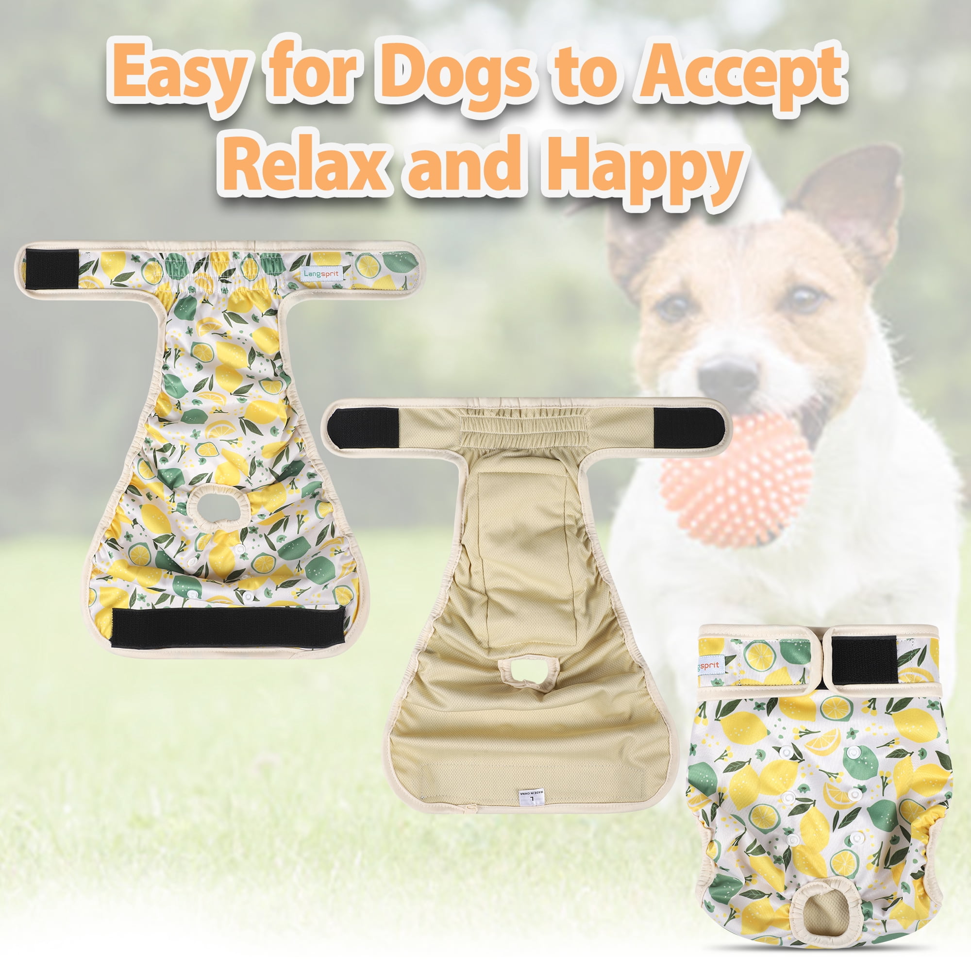 Langsprit Washable Female Dog Diapers (5 Pack) - No Leak Reusable Diapers for Doggy Female in Period - Highly Absorbent Dog Heat Panties with Adjustable Snaps,Fruit,M