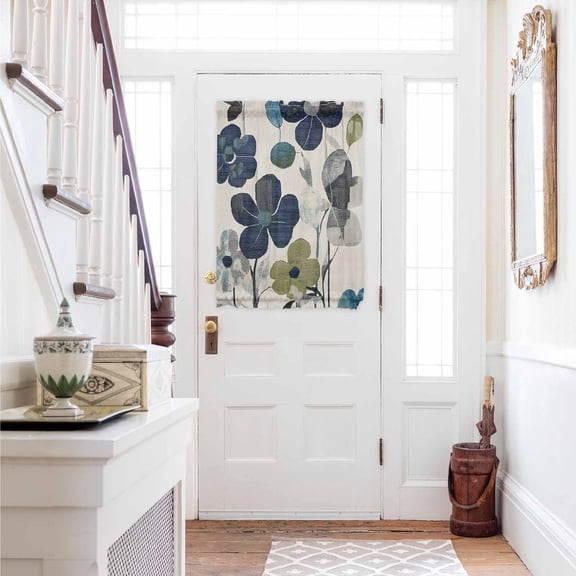 Navy Blue Green Floral Door Curtains for Door Window, French Sidelight Front Back Door Curtains With Tieback, Vintage Botanical Leaves Kitchen Rod Pocket Drapes Panel, 54"x40"