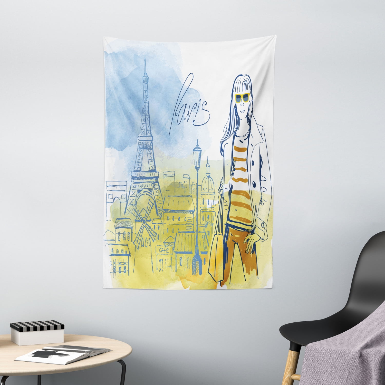 Paris Tapestry Paris Theme Eiffel Tower And Hand Drawn Vintage Picture Of Stylish Girl Wall Hanging For Bedroom Living Room Dorm Decor 40w X 60l Inches Yellow Slate Blue By Ambesonne