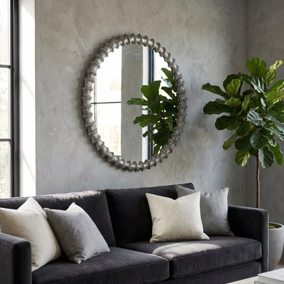 Round Metal Ring Wall Mirror for Bedroom Decor - Metal Framed Mirror for Dorm, Bathroom, Office or Vanity Display - Textured Display for Hallway, Entryway, and Living Room - 29", Silver & Metallic