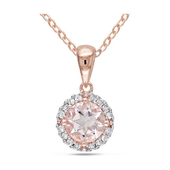 4/5 Carat (Ctw) Morganite Halo Pendant Necklace with Diamonds 1/10 Carat (Ctw) in Rose Pink Plated Sterling Silver and Chain for Women