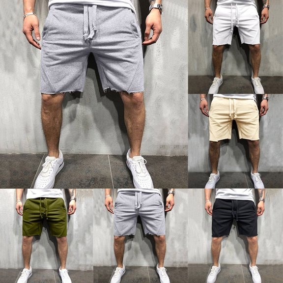 Men's Summer Fleece Hem Athletic Shorts Elastic Waist Drawstring Casual Gym Workout Bottoms Distressed Edge Lightweight Breathable Cotton Sweatshorts White