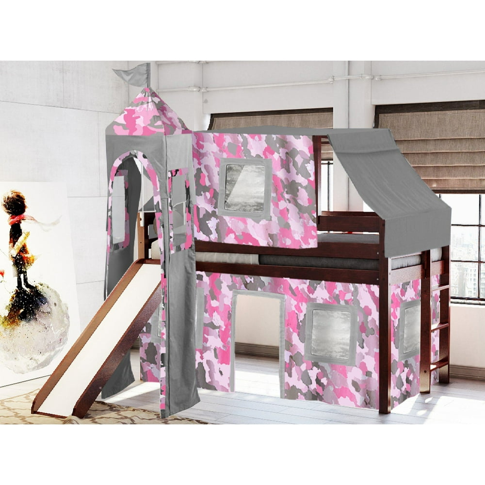 JACKPOT! Princess Low Loft Bed with Slide Pink Camo Tent and Tower Loft
