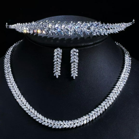 Marquise Cut Cubic Zirconia Bridal Necklace Earring Tiara Engagement Jewelry Set