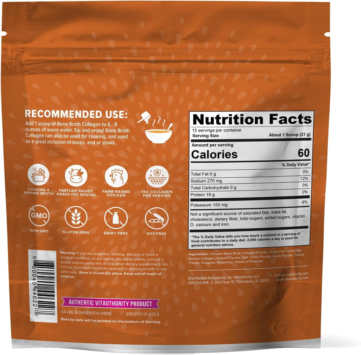 Vitauthority Bone Broth Collagen Protein Powder, 16g Protein Supplement, Chicken Noodle, 15 Servings