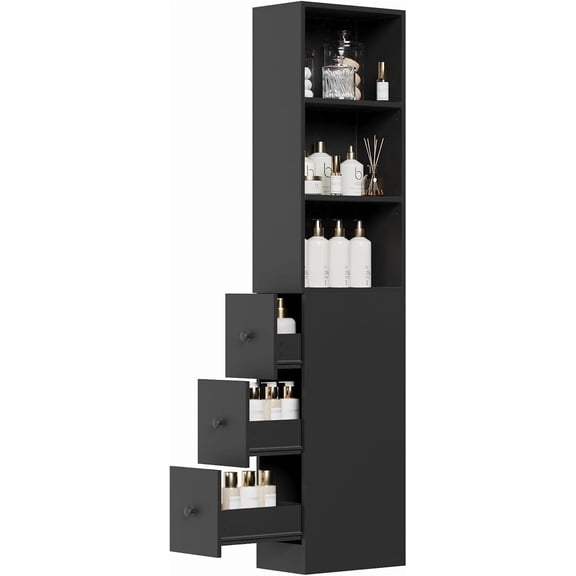 Tall Narrow Free Standing Bathroom Storage Cabinet with 3-Level Adjustable Shelves Home - Space Saver for Living Room Kitchen - Classic Black