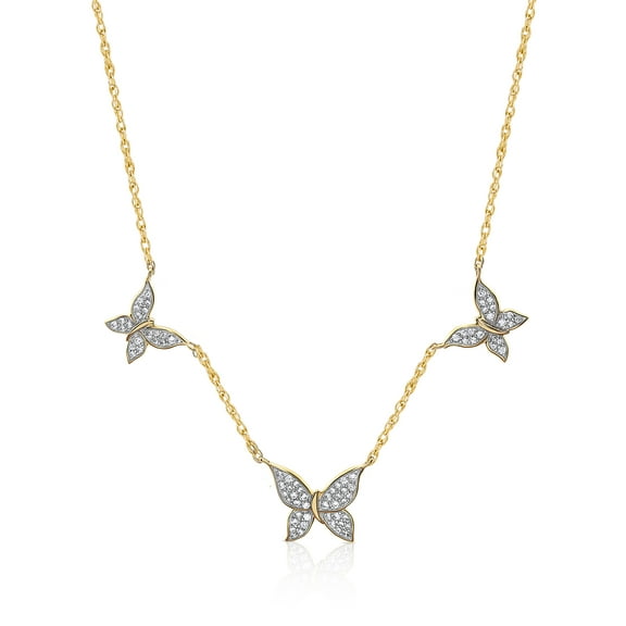 Brilliance Fine Jewelry Women's Simulated Diamond Pave Butterfly Station Necklace in 14KT Gold Plated Sterling Silver