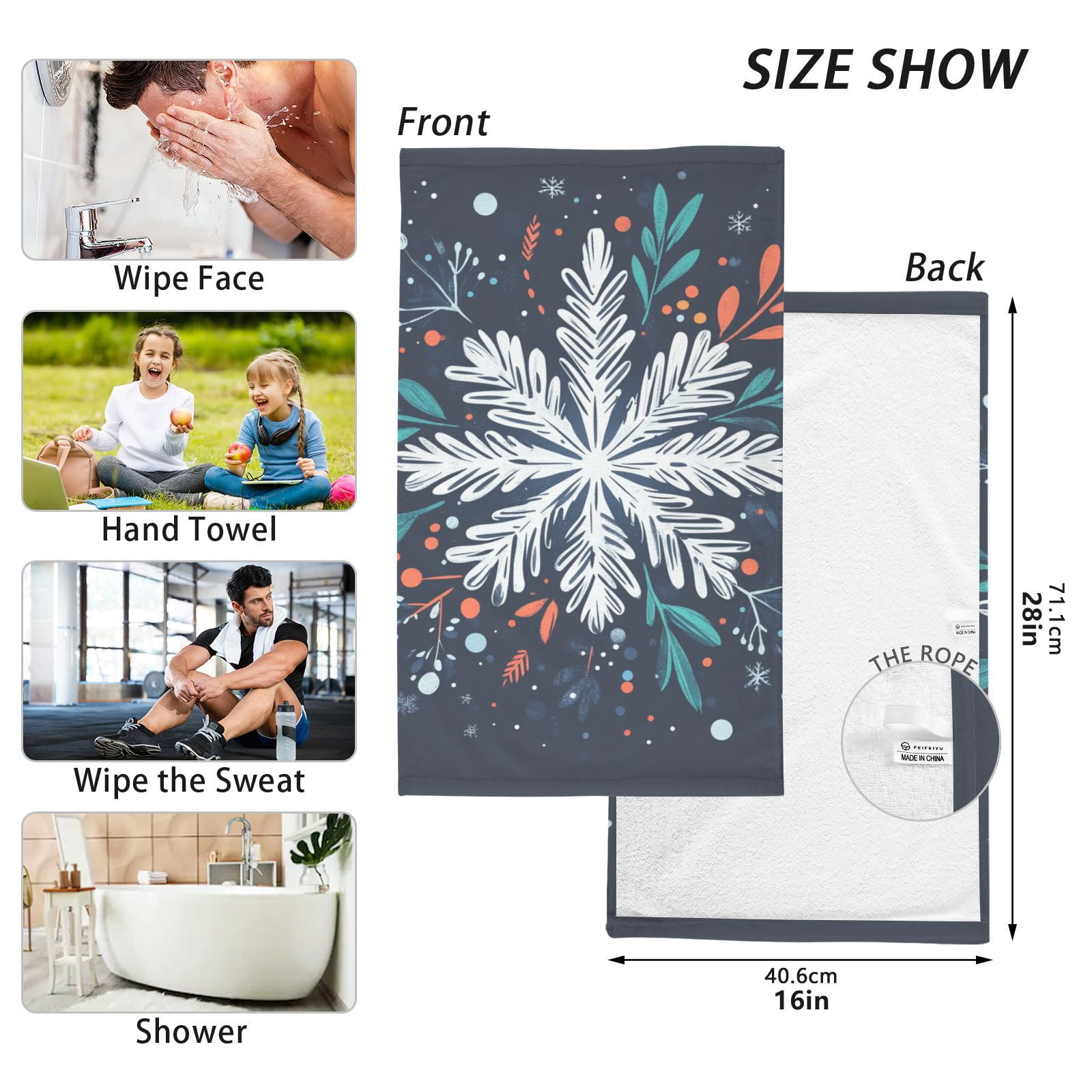 Christmas Blue Snowflake Hand Towels Cotton Bath Towels Large Face Towels Absorbent for Bathroom 2 Packs