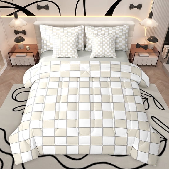 jejeloiu Geometric Plaid Grid 7-Piece Twin Bedding Sets,Minimalism Style Bedding Comforter Set,Gray Classic Buffalo Sheet Sets For Teens,Breathable Home Decor Reversible