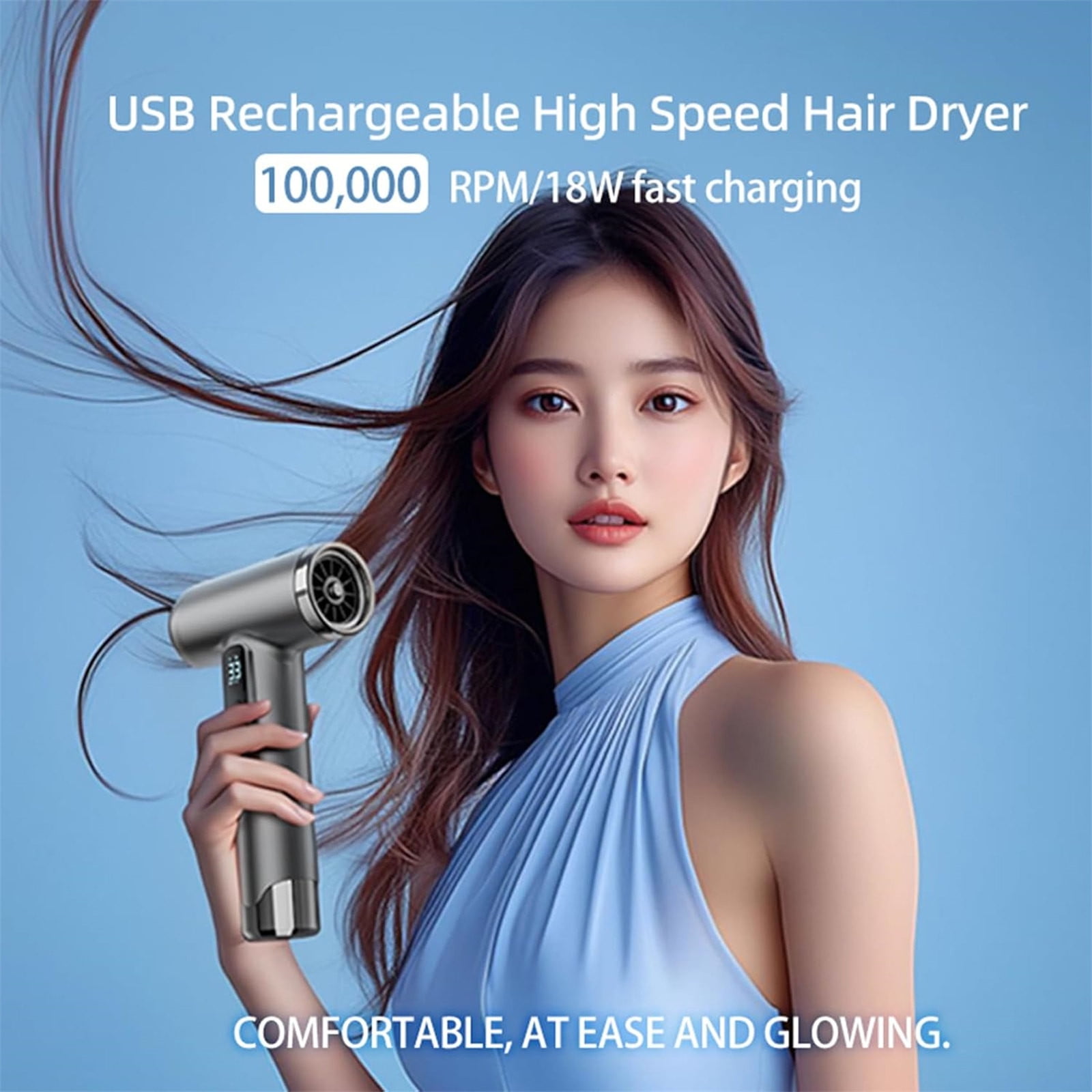 Tuscom Cordless Hair Dryer 100,000RPM USB Rechargeable - 15,000mAh Battery, 200W Fast Drying, Lightweight & Portable for Travel, Home, Camping