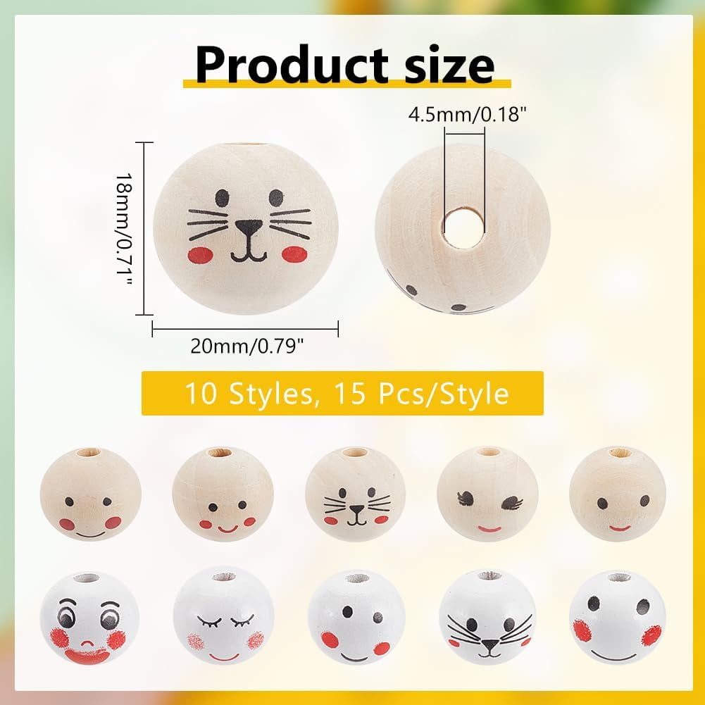 150pcs 20mm Smiling Face Wood Beads 10 Styles Natural Wooden Beads Round Wood Spacer Beads Loose Wooden Beads with 4.5mm Hole for Craft Jewelry Making Bracelets Christmas Tree Decor