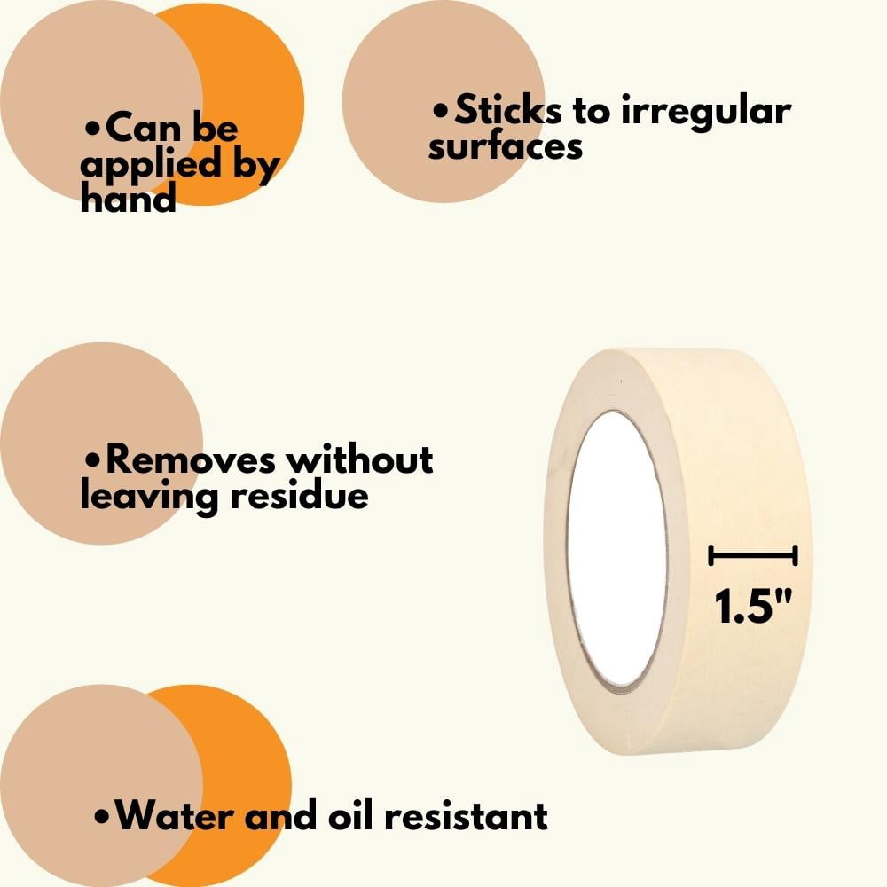 MMBM 12 Rolls - 4.3 Mil - General Purpose Masking Tape Water & Oil Resistant, Quality Adhesive, Mutipurpose, Ivory, 1.5" x 60 Yards