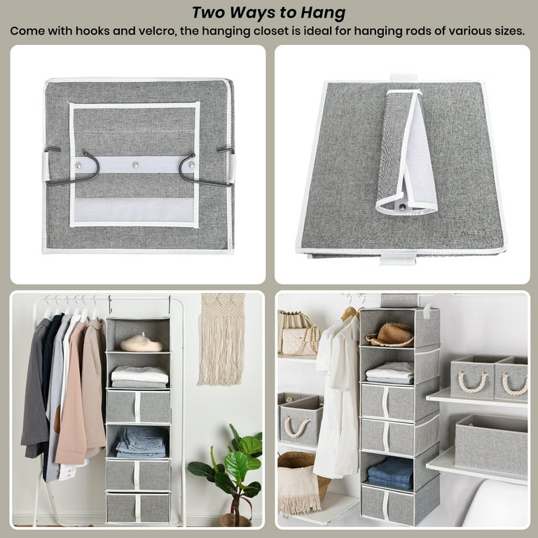 Smirly Hanging Closet Organizer Shelves. Grey 6 Shelf Closet Storage with 5 Clothes Organizer Drawers and Purpose Made