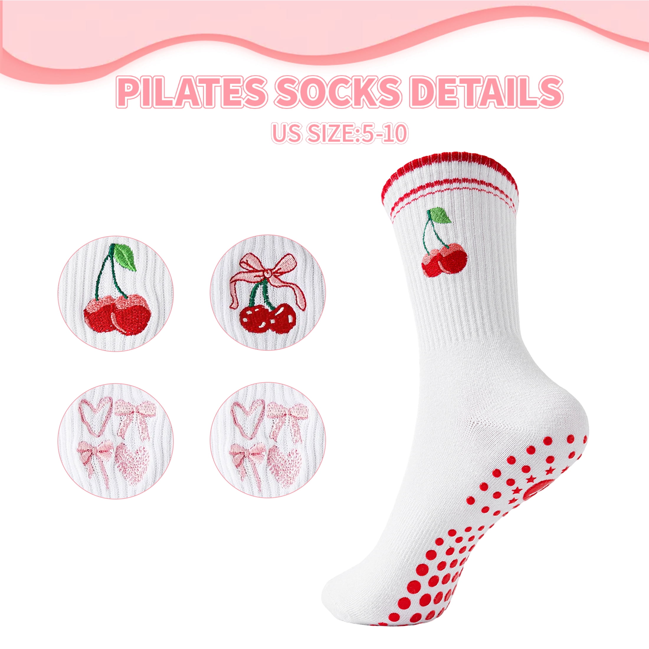 Yawlsow Pilates Grip Socks for Women, 4 Pairs Grippy Yoga Socks with Ruffle Embroidery Pattern for Barre Ballet Workout