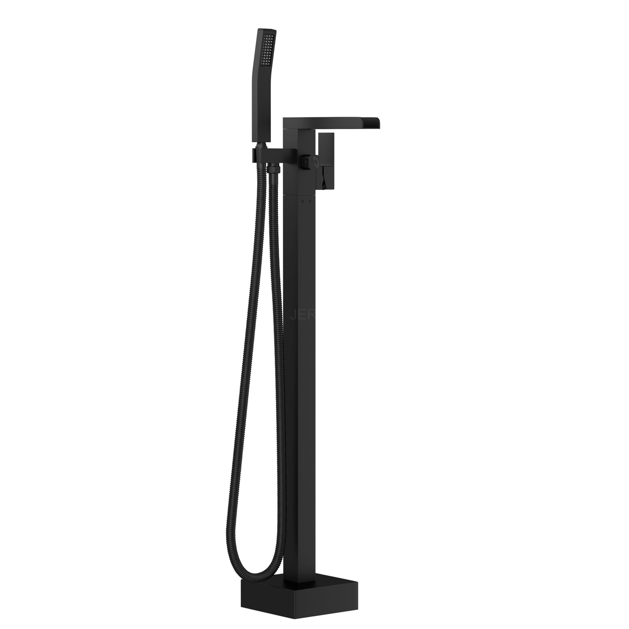 JERFIT Floor Mounted Tub Filler with Hand Shower, 360° Rotatable Matte Black Waterfall Spout, Solid Brass Freestanding Bathtub Faucet for Modern Bathroom