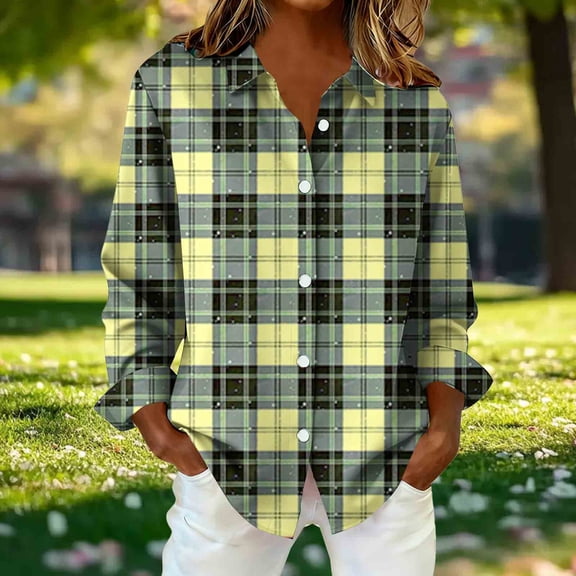 Fznquz Fall Tops for Women 2026 Collared Button Down Plaid Yellow Shirts Long Sleeve Casual Lightweight Spring Clothes,XXXXL